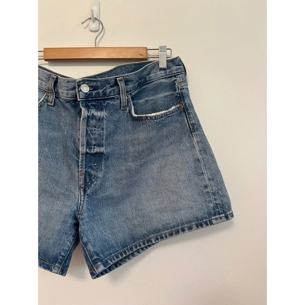 Agolde Parker Long High Rise Denim Shorts in Medium Wash Blue | Size 31